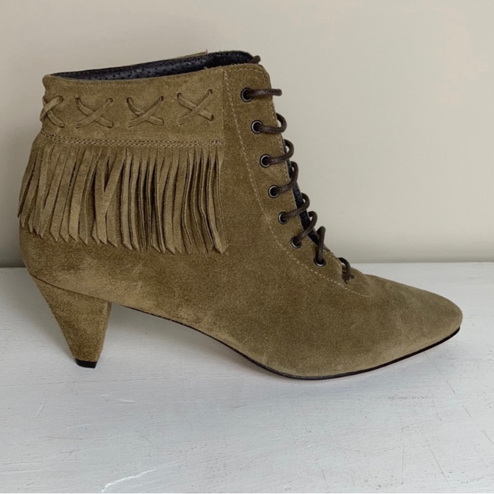 Sixtyseven Tan Suede Heeled Fringe Bohemian Lace Up Booties